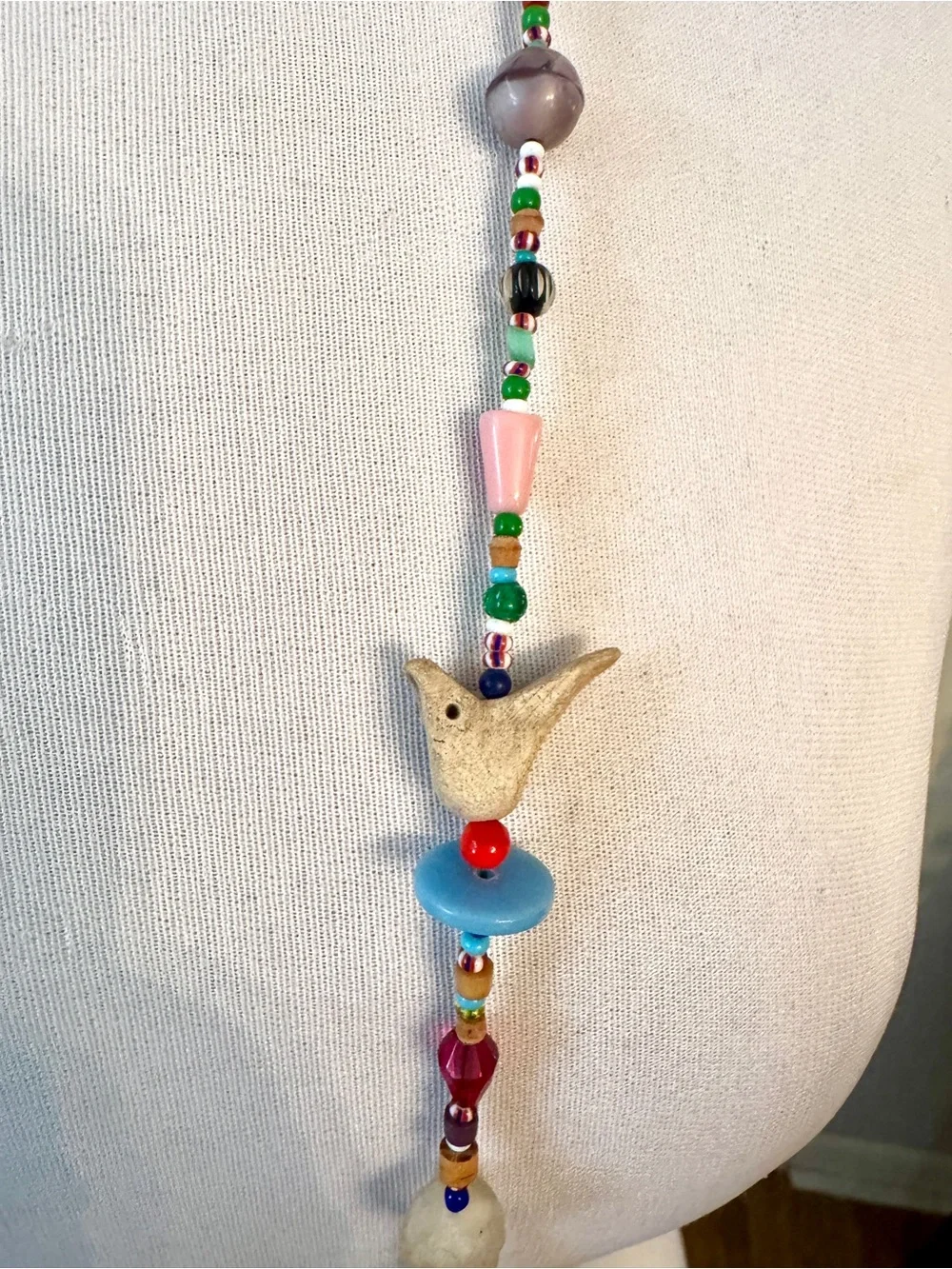 Vintage Artisan Collector Bead Necklace Handblown Glass Wood Clay Carved Bird Ex